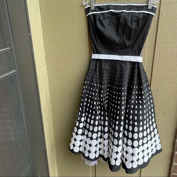Strapless black and white polkadot circle skirt dress | Ruby rox 3 - Picture 1 of 7